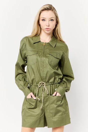 Scotch & Soda Women Plain Long Sleeves Playsuits, Olive