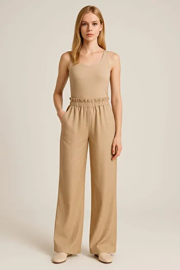 enmodaiçgiyim Women's Linen Trousers - High Waist and Wide Leg
