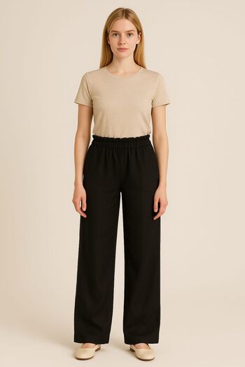 enmodaiçgiyim Women's Linen Trousers - Black, High Waist and Wide Leg