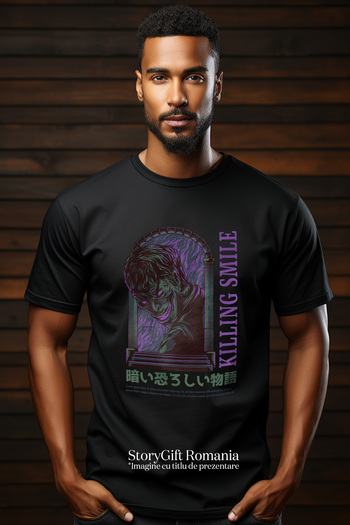 StoryGift Romania Tricou Barbati Cu Monstru In Intuneric, Chip Uman Horror, Text In Engleza Killing Smile, M Stg