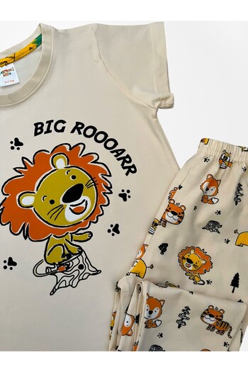elmas kids Boy's 100% Cotton Cream Color Lion Safari Patterned Short Sleeve Bottom Long Pajama Set