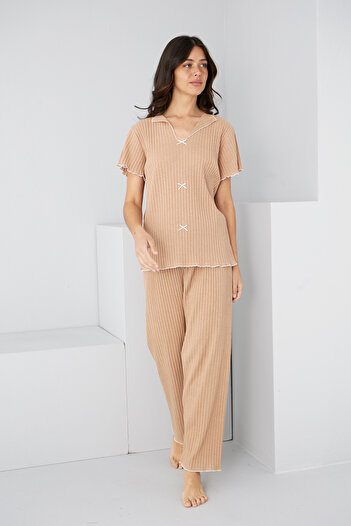 Siyah İnci Milk Coffee Seasonal Thin Bow Pajama Suit7879