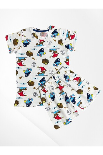 elmas kids Set de pijamale de vară pentru băieți, 100% bumbac, alb, cu model de papagal, cu mâneci scurte și pantaloni scurți