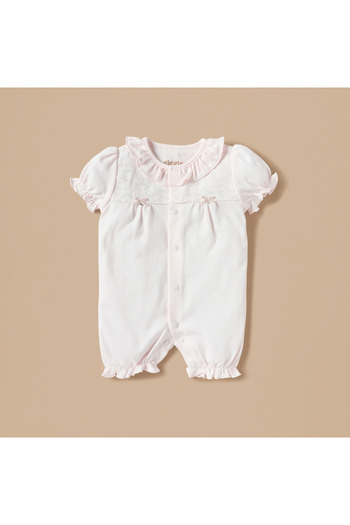 giggles Embroidered Romper with Short Sleeves and Snap Button Closure