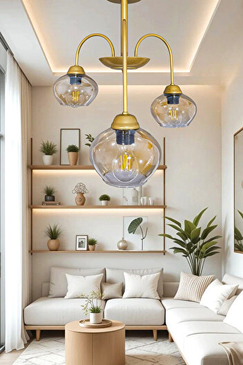 Turanconcept Dora 3 Lü Avize Dekoratif Tasarım Modern Kollu Camlı Avize Oturma Odası Yemek Odası Salon