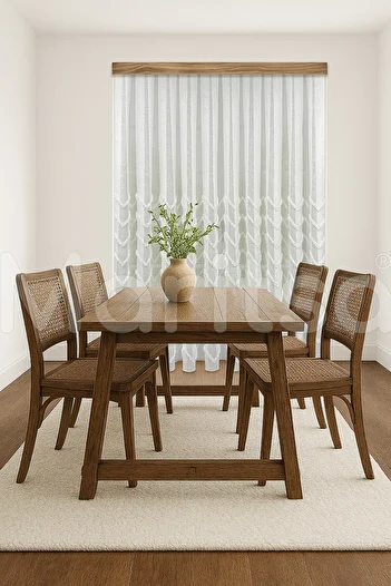 MARİTSA Tulle Curtain - Nordic Series Bohemian Vera Pattern Linen to Floor Cotton Processing Ecru Dense Pleat(1X3) Curtain