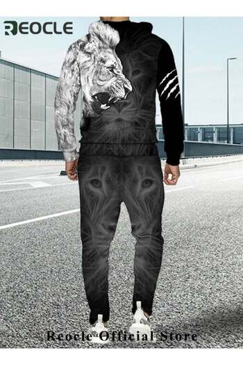 REOCLE Men's 2 Pcs Hoodie Set Sweatshirt Suit 3D Printed Long Sleeve Hoodie Trackpant Casual Suit