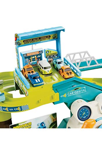 indiggo DinoTrack play set with steering wheel, lights, sounds, and 4 cars