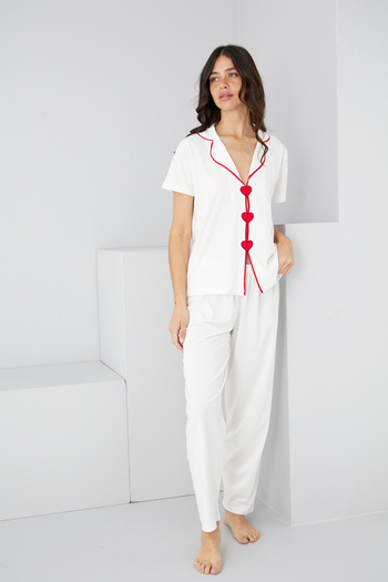 Siyah İnci Ecru Heart Piping Detailed Knitted Pajama Set7891