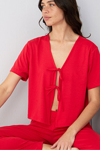 Siyah İnci Red Tied Knitted Pajama Suit7889