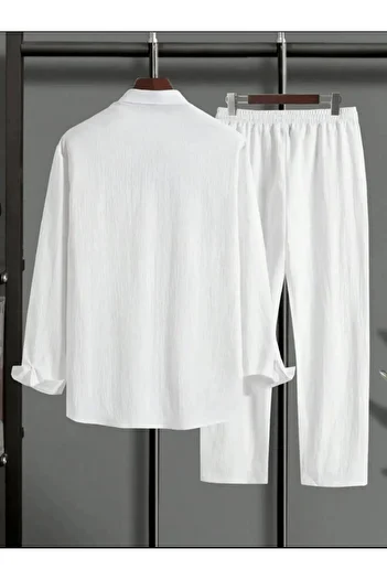 Nyda Collections Men's Crinkle Suit Buttoned Shirt and Lace-Up Trousers Summer Suit Double Pocket Crinkle Fabric
