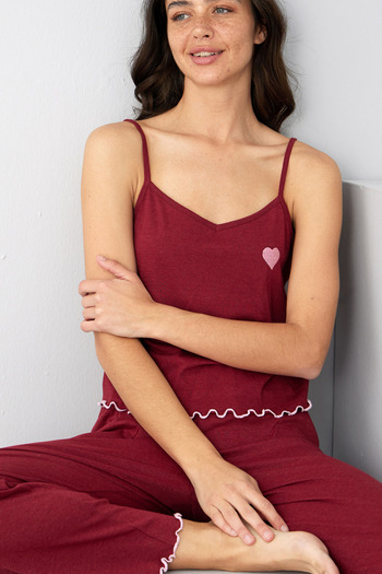 Siyah İnci Burgundy Heart Embroidered Rope Strap Knitted Pajama Suit7883
