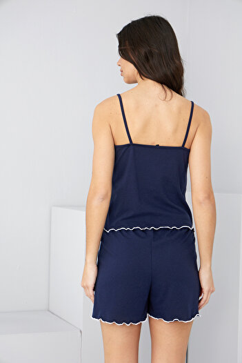 Siyah İnci Navy Blue Heart Embroidered Rope Strap Knitted Shorts Set7881
