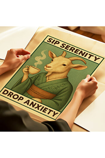 ARTHOUSECOLLECTIVE Sip Serenity, Drop Anxiety - Zen Goat - Frameless Poster at Painting Sizes