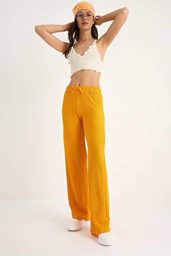 Bianco Lucci Women's Elastic Waist Tie Detailed Relaxed Cut Summer Seersucker Trousers 2234 60283348