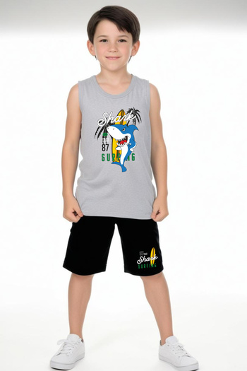 FYK KİDS Boy's Printed Zero Sleeve Shark Surfing Top-Bottom Suit