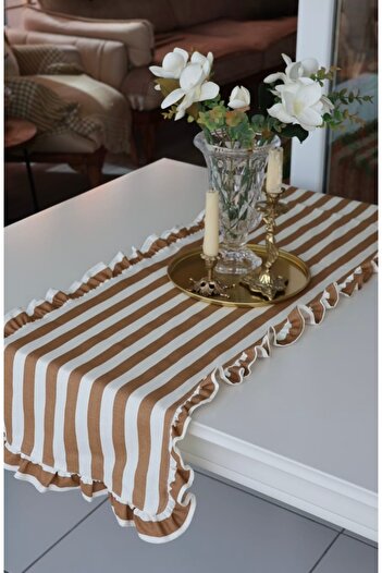 vintagetasarım Runner Çizgili Fırfırlı Vintage Kahverengi Duck Keten 40x130