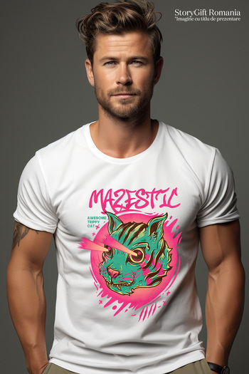 StoryGift Romania Tricou bărbătesc cu schelete de craniu, pisică monstru cu ochi laser, text în engleză Maj Stg