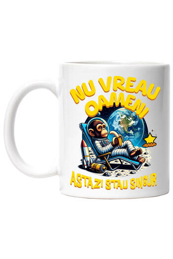 StoryGift Romania Space Monkey Mug On the Moon at the Beach, text I don't want people today I'm alone, With ,STG
