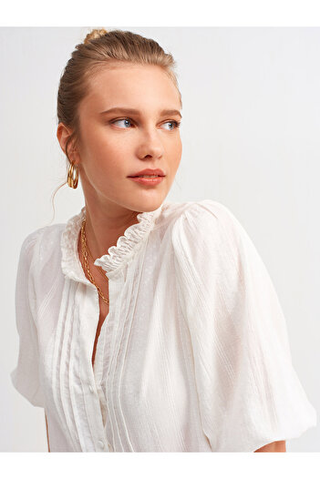 Dilvin 5807 Ribbed Detailed Balloon Sleeve Shirt - Ecru
