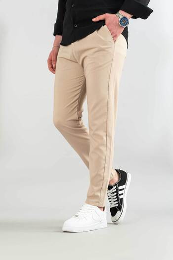 bombe Men's Beige Flexible Lycra Ankle Length Casual Comfortable Side Pocket Fabric Trousers
