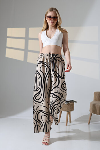 Buklemoda Viscose Wide Leg Beige Patterned Trousers