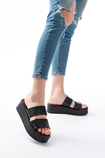 İnfon Ayakkabı Marketi 861-1034 Black Snap Fastener Wedge Heel Women's Slippers