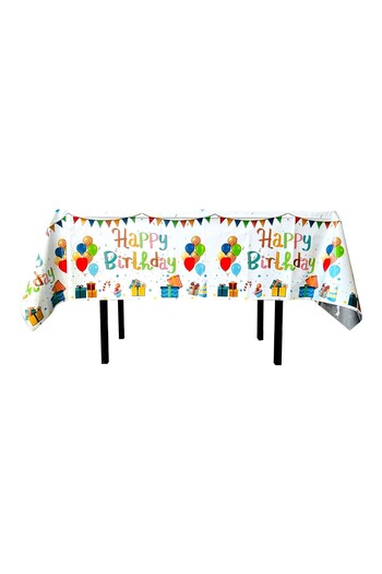 Flippy Foil Tablecloth, Happy Birthday with Balloons Print, 137 x 183 cm, White