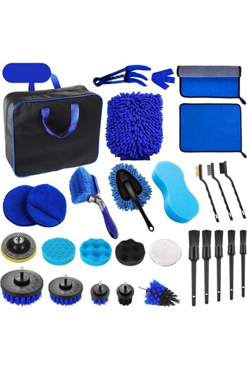 Flippy Set 29 Accesorii de curățare auto, Flippy, PP și microfibră, Interior/Exterior, 30 x 24 x 12 cm, Albastru