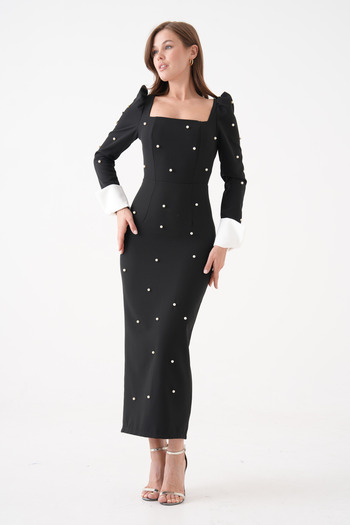 vuvutasarım Atlas Fabric Pearl Detailed Square Collar Sleeves Cuff Midi Length Black Graduation Dress 365