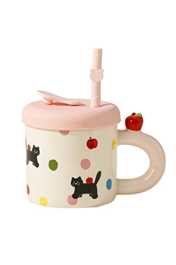 Flippy Ceramic Mug with Lid and Straw, Flippy, Pink Silicone Lid and Straw, 9x8.5 cm, Capacity 380ml