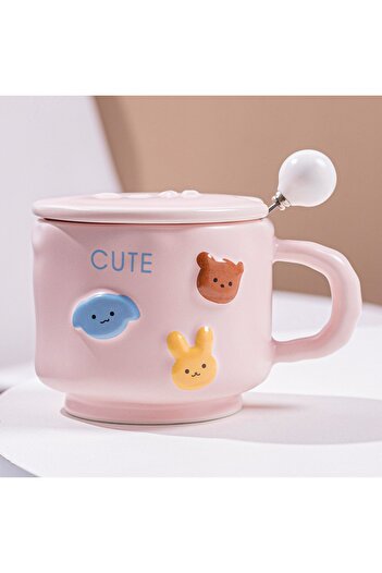 Flippy Ceramic Mug, Flippy, Porcelain, Animal Figurines, Mug with Spoon and Lid, 400ml Pink