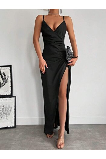 Modayakamoz Women's Strappy Double Breasted Collar Slit Crepe Dress