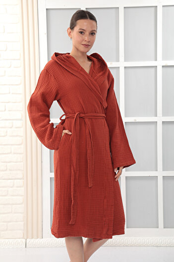 Almir Home Hooded 4 Layer Muslin Bathrobe Unisex-Tile Color