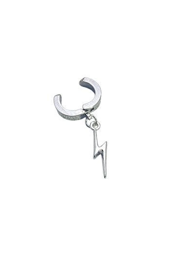 Lynare Sıkıştırmalı Mıknatıslı Trend Şimşek Model Sallantılı Erkek 316l Çelik Gri Küpe Ear Cuff 1 Adet