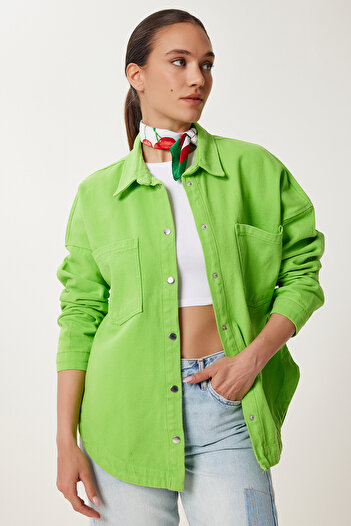 Happiness İstanbul Women's Pistachio Green Snap Fastener Seasonal Gabardine Shirt Jacket Sa00043
