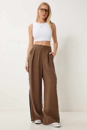Happiness İstanbul Women's Brown Striped Modal Palazzo Trousers Ns00445