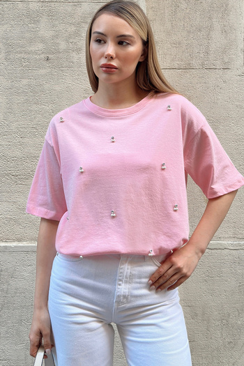 Trend Alaçatı Stili Tricou de damă roz cu decolteu oversize cu perle și piatră brodate ALC-X11964