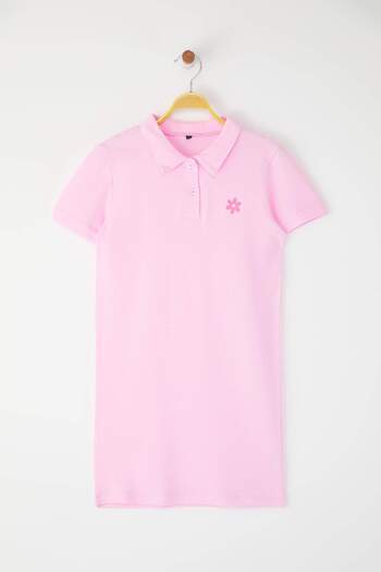 TRENDYOLKIDS Pink Girl 100% Cotton Flower Embroidered Polo Neck Short Knitted Dress Tkdss25El00085
