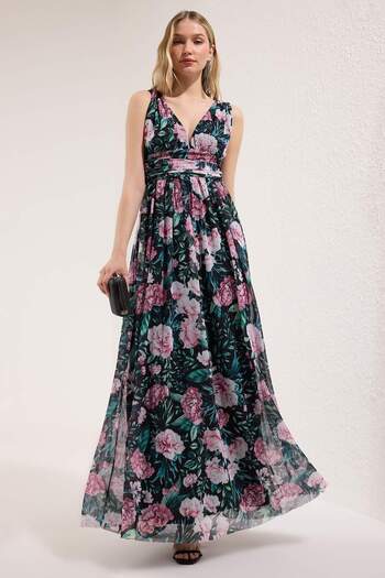 Trendyol Collection Multi Color A-Line V-Neck Flight Flight Tulle Knitted Long Stylish Evening Dress Night Competence Dress Tprss25Ae00096