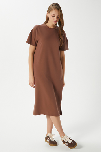 Ritnice Women's Alissa Slit Brown Combed Cotton Dress 15171