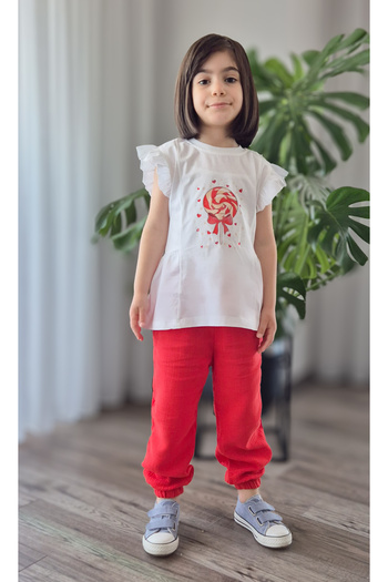 My Baby's World Red Candy Patterned Tshirt Elastic Muslin Trousers Girl's Cotton Summer Suit Mtyk0059