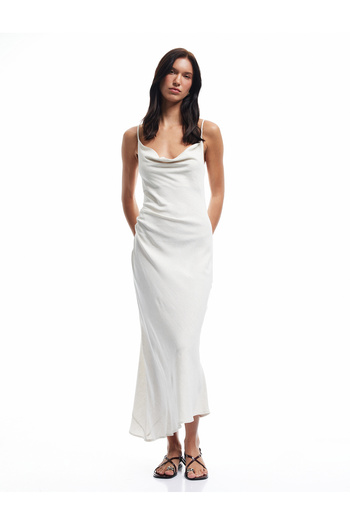 Koton Linen Blended Draped Detailed Strap Long Degaje Collar Dress