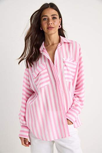 Bianco Lucci Women's Thick Striped Double Pocket Oversized Basic Summer Shirt 34399-1 60283249