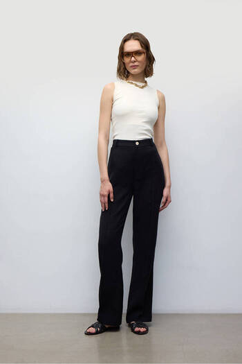BE BLUE Black Linen Palazzo Trousers