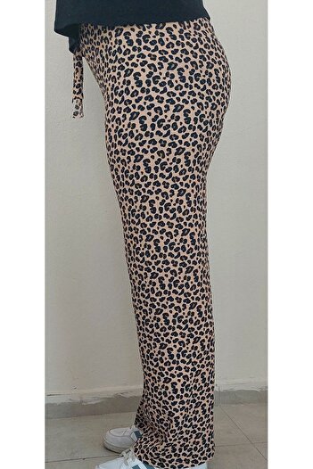 Bahar design Women's Leopard Pattern Wrinkled Fabric Palazzo Trousers