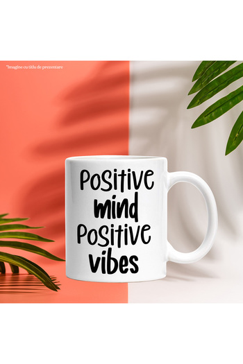 StoryGift Romania Cana cu textul in limba engleza "Positive mind, positive vibes" - minte pozitiva, Cu Maner Alb STG