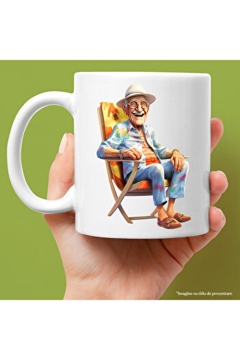 StoryGift Romania Cana cu un om in varsta care rade | ilustratie | vacanta intr-un loc exotic | se, Cu Maner Alb