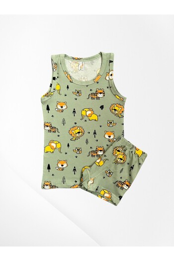 elmas kids Boy's 100% Cotton Safari Animal Figures Patterned Green Undershirt Boxer Set with Stitched Leg Part