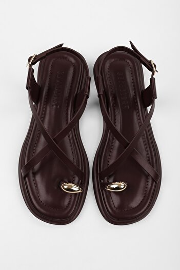 Shoeberry Women's Julina Burgundy Skin Buckle Sandals